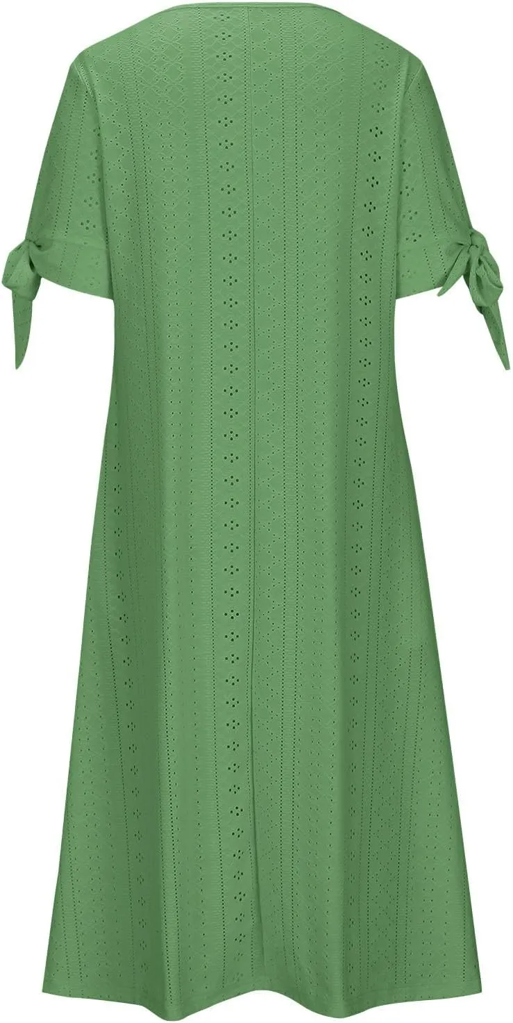 Maxi Long Dresses for Women 2025 Trendy Short Sleeve Eyelet Tshirt Dress Casual Summer Beach Vacation Sundress