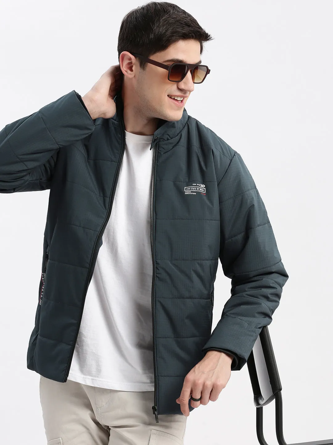 Men Navy Blue Windcheater Rapid-Dry Mock Collar Bomber Jacket