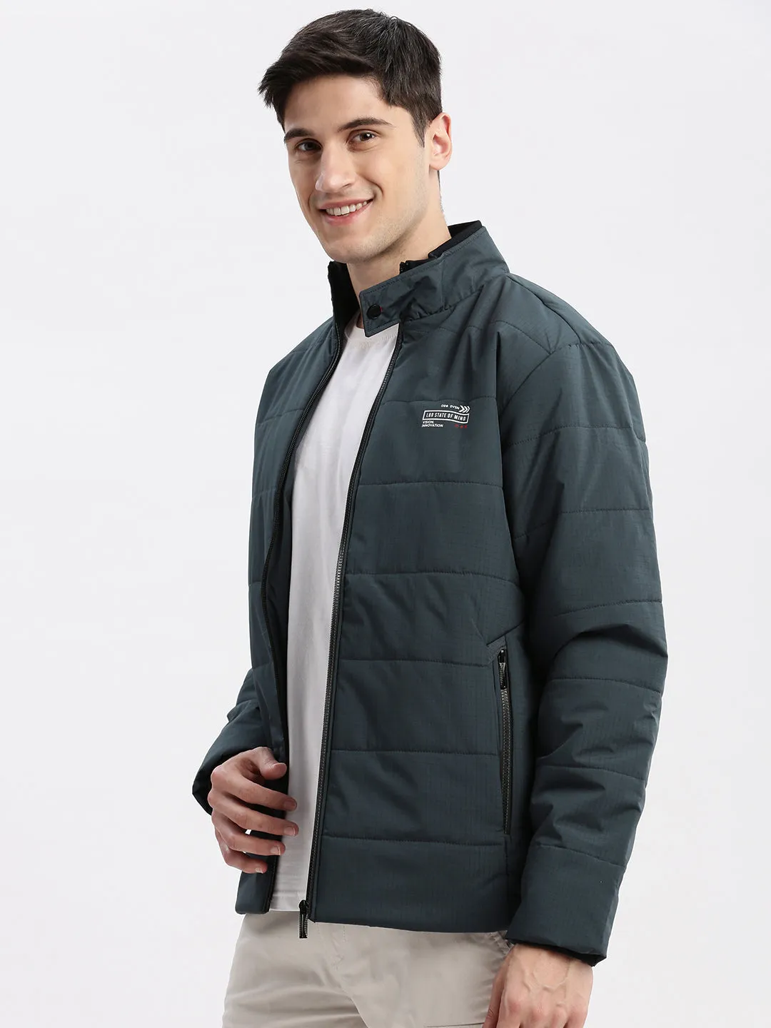 Men Navy Blue Windcheater Rapid-Dry Mock Collar Bomber Jacket