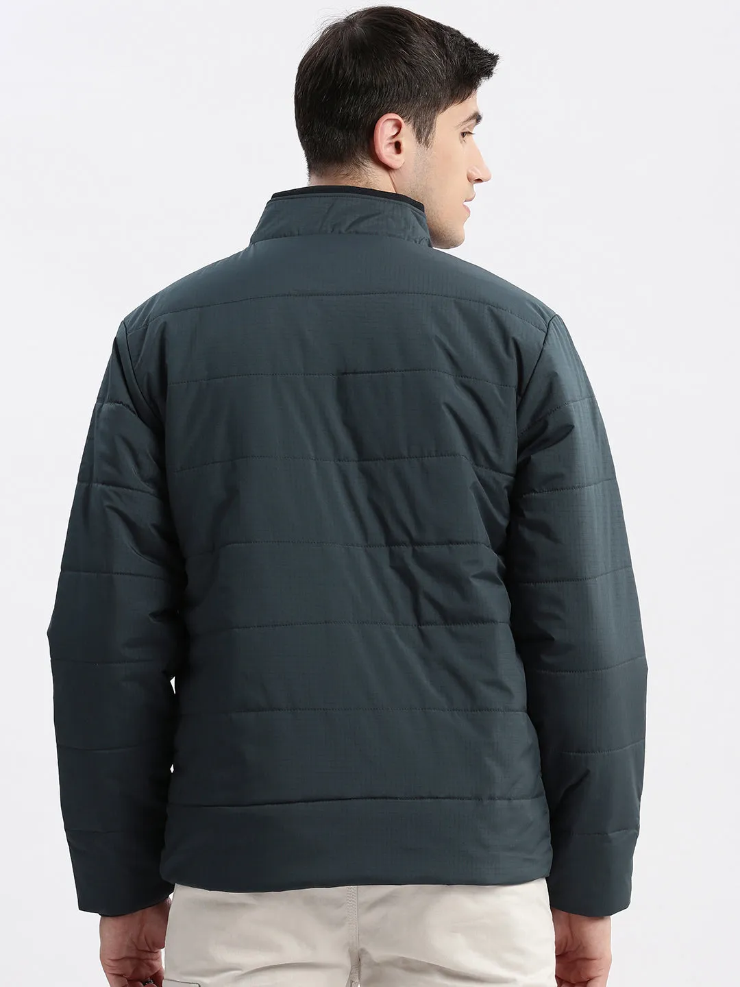 Men Navy Blue Windcheater Rapid-Dry Mock Collar Bomber Jacket