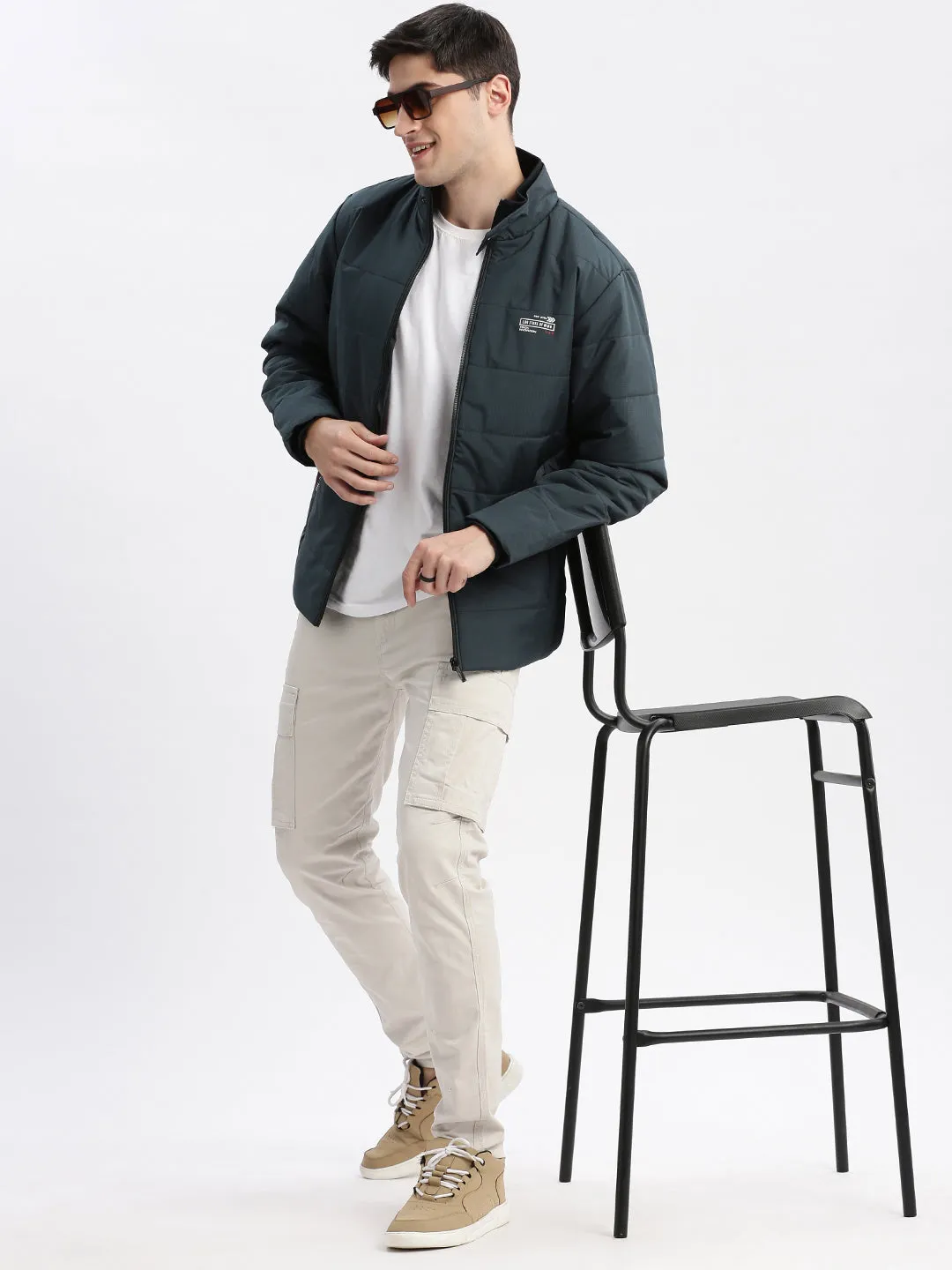 Men Navy Blue Windcheater Rapid-Dry Mock Collar Bomber Jacket