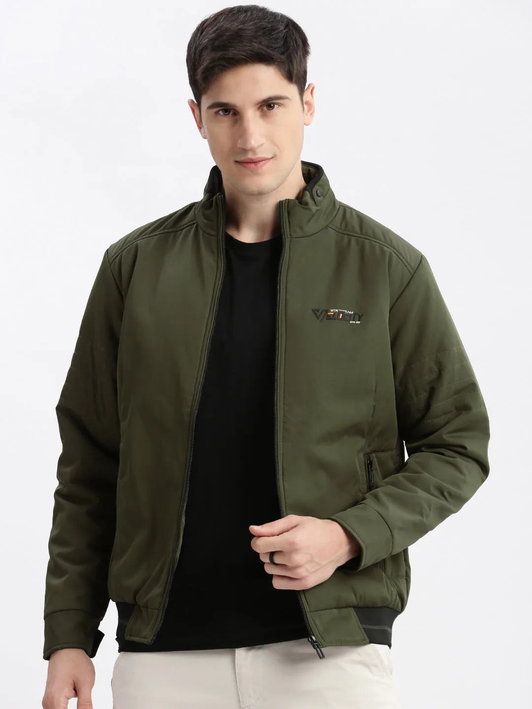 Men Olive Mock Collar Rapid Dry Windcheater Bomber Jacket