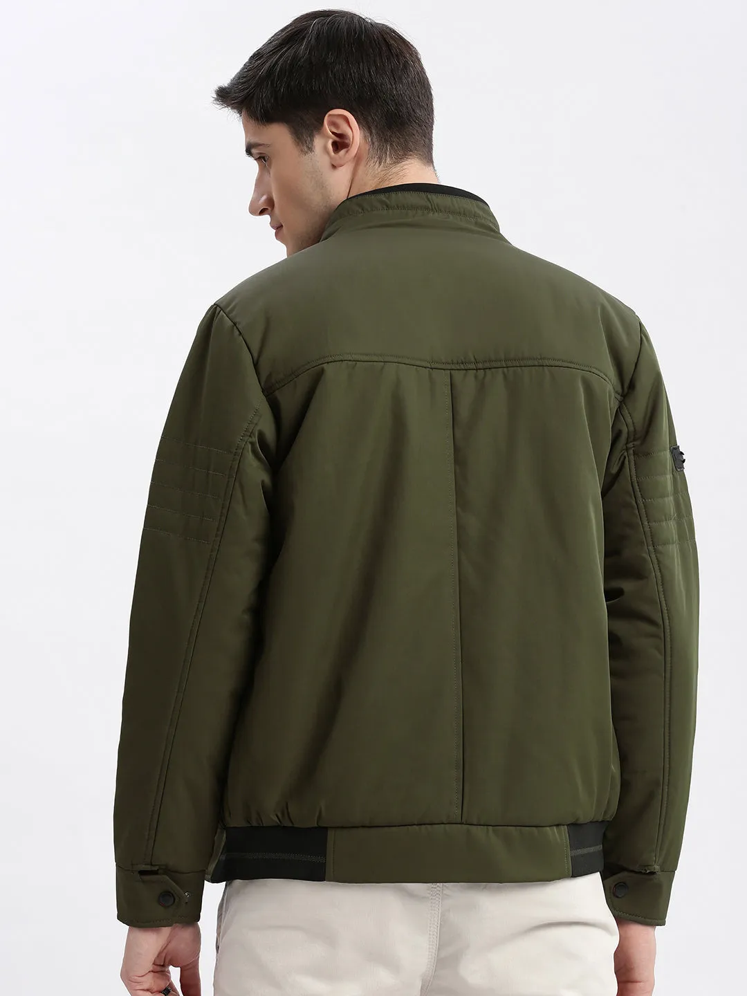 Men Olive Mock Collar Rapid Dry Windcheater Bomber Jacket