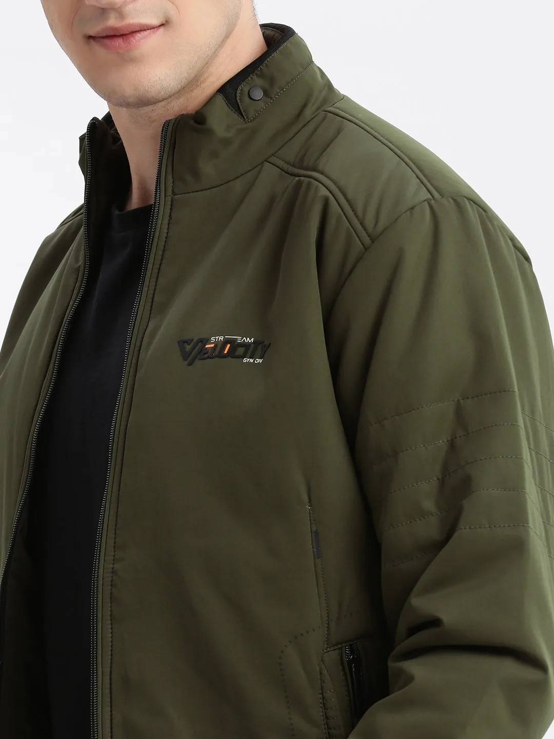 Men Olive Mock Collar Rapid Dry Windcheater Bomber Jacket