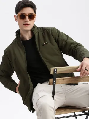 Men Olive Mock Collar Rapid Dry Windcheater Bomber Jacket