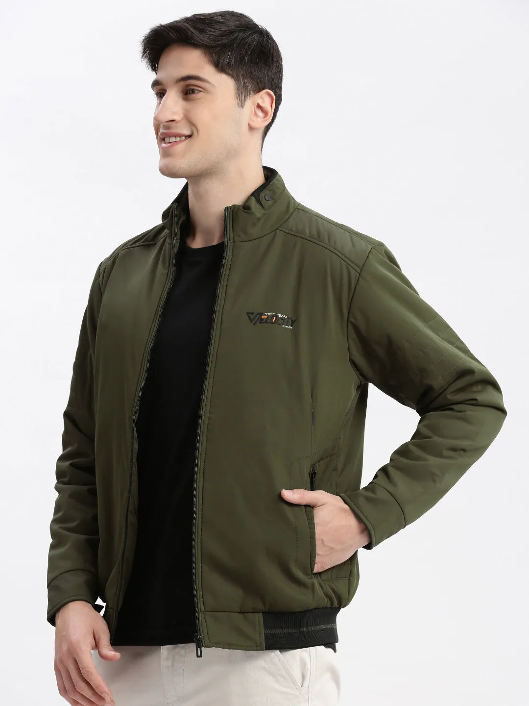 Men Olive Mock Collar Rapid Dry Windcheater Bomber Jacket