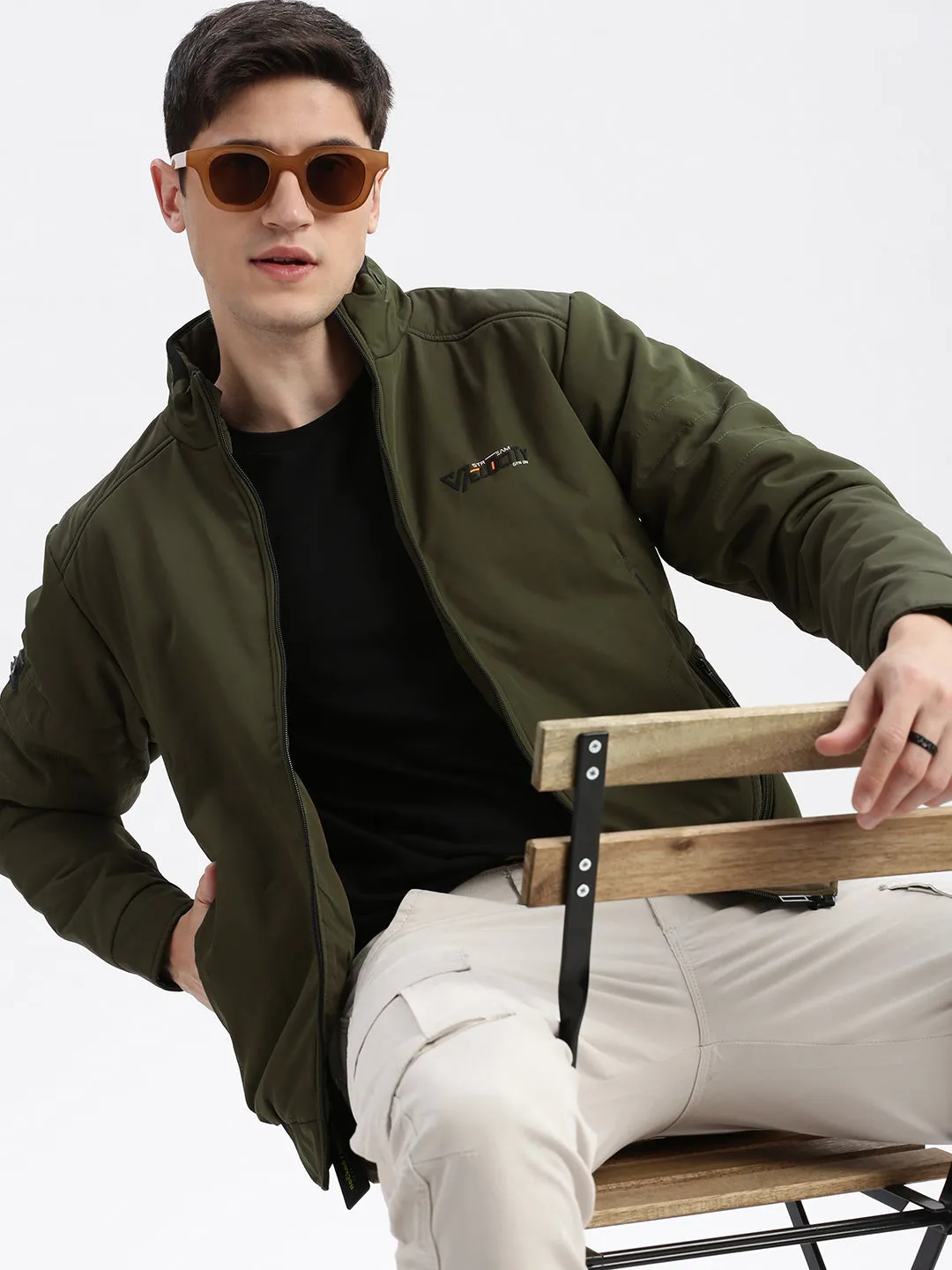 Men Olive Mock Collar Rapid Dry Windcheater Bomber Jacket