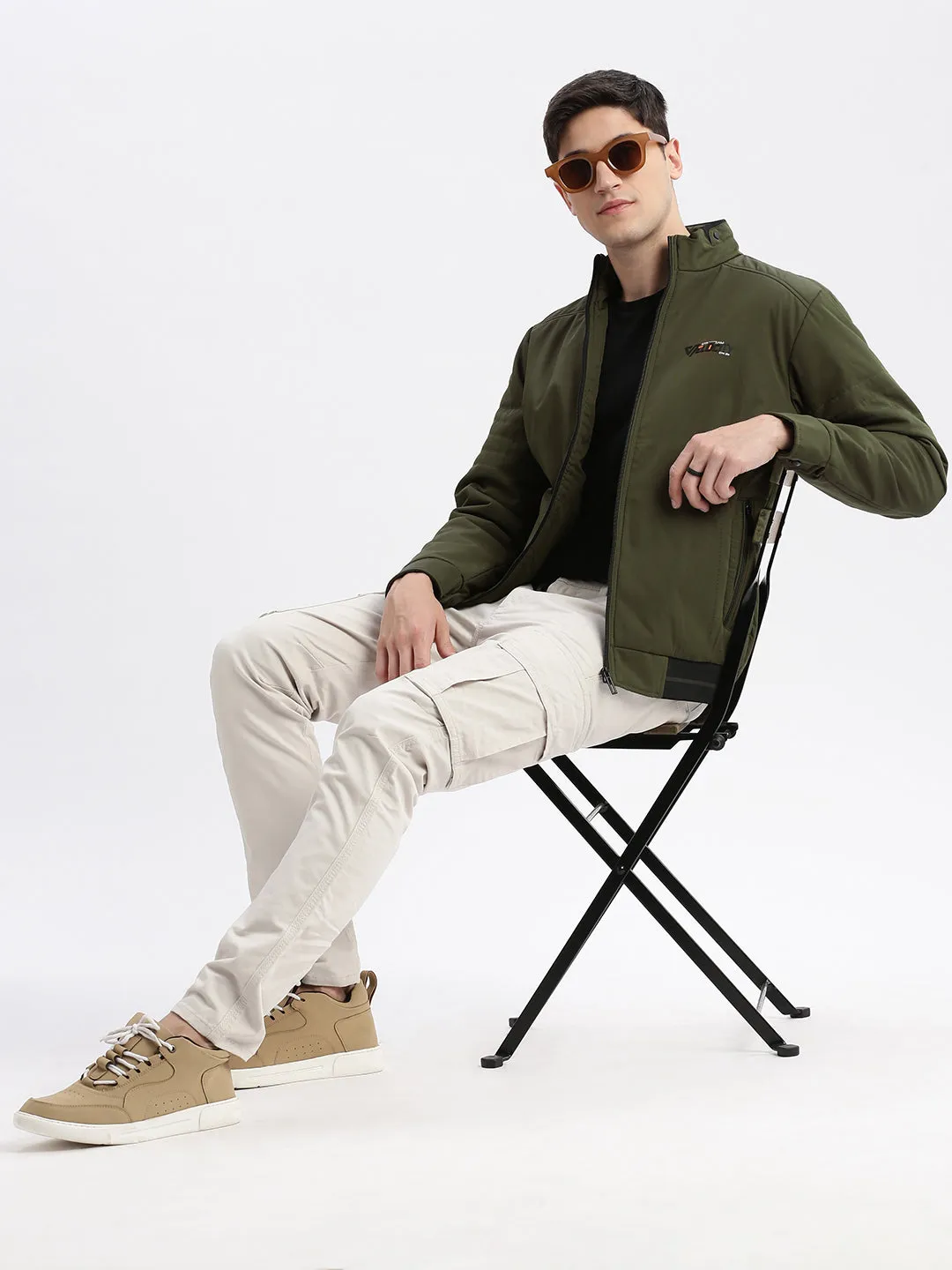 Men Olive Mock Collar Rapid Dry Windcheater Bomber Jacket