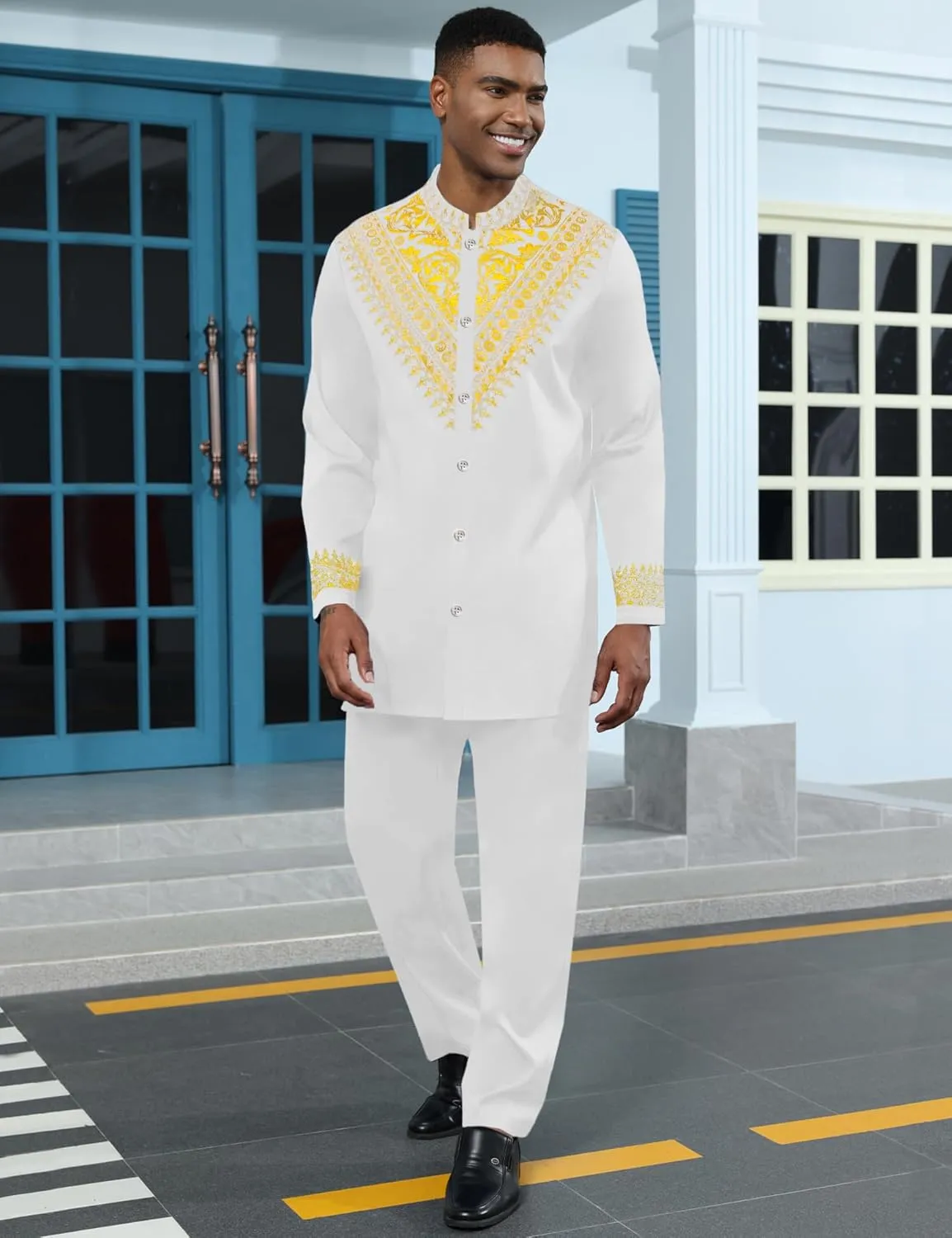 Mens African 2 Piece Set Metallic Traditional Suit Gold Stamp Printed African Dashiki Shirt and Pants Outfit