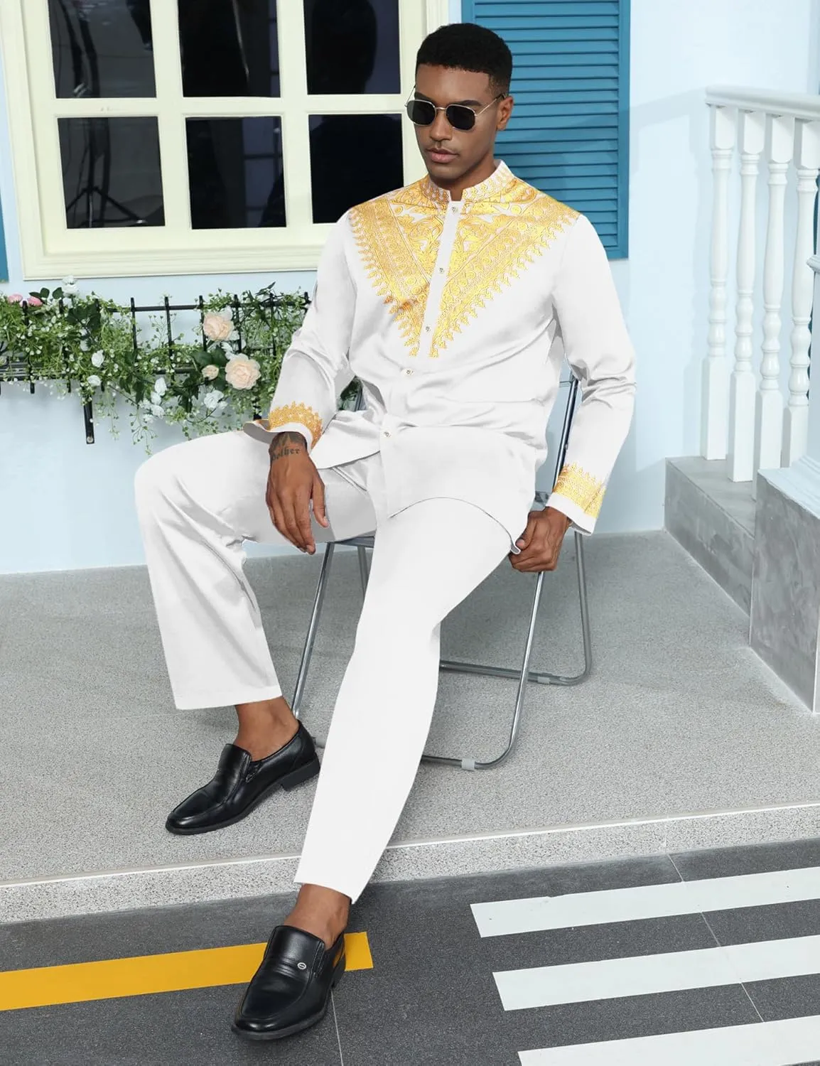 Mens African 2 Piece Set Metallic Traditional Suit Gold Stamp Printed African Dashiki Shirt and Pants Outfit