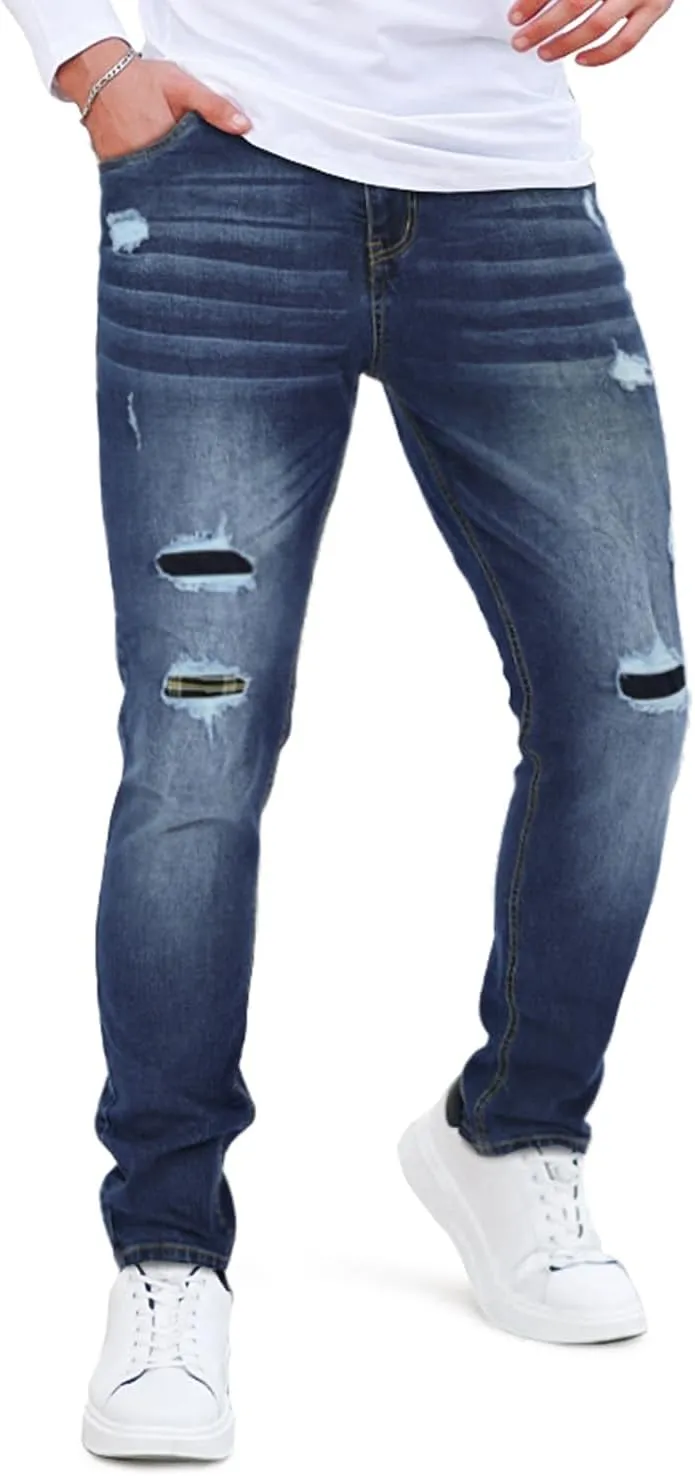 Men's Classic Slim Fit Stretchy Jeans for Men Skinny Flex Denim Pants Ripped Designer