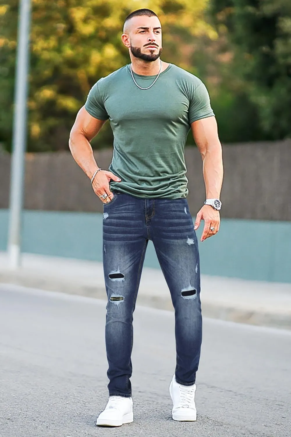 Men's Classic Slim Fit Stretchy Jeans for Men Skinny Flex Denim Pants Ripped Designer