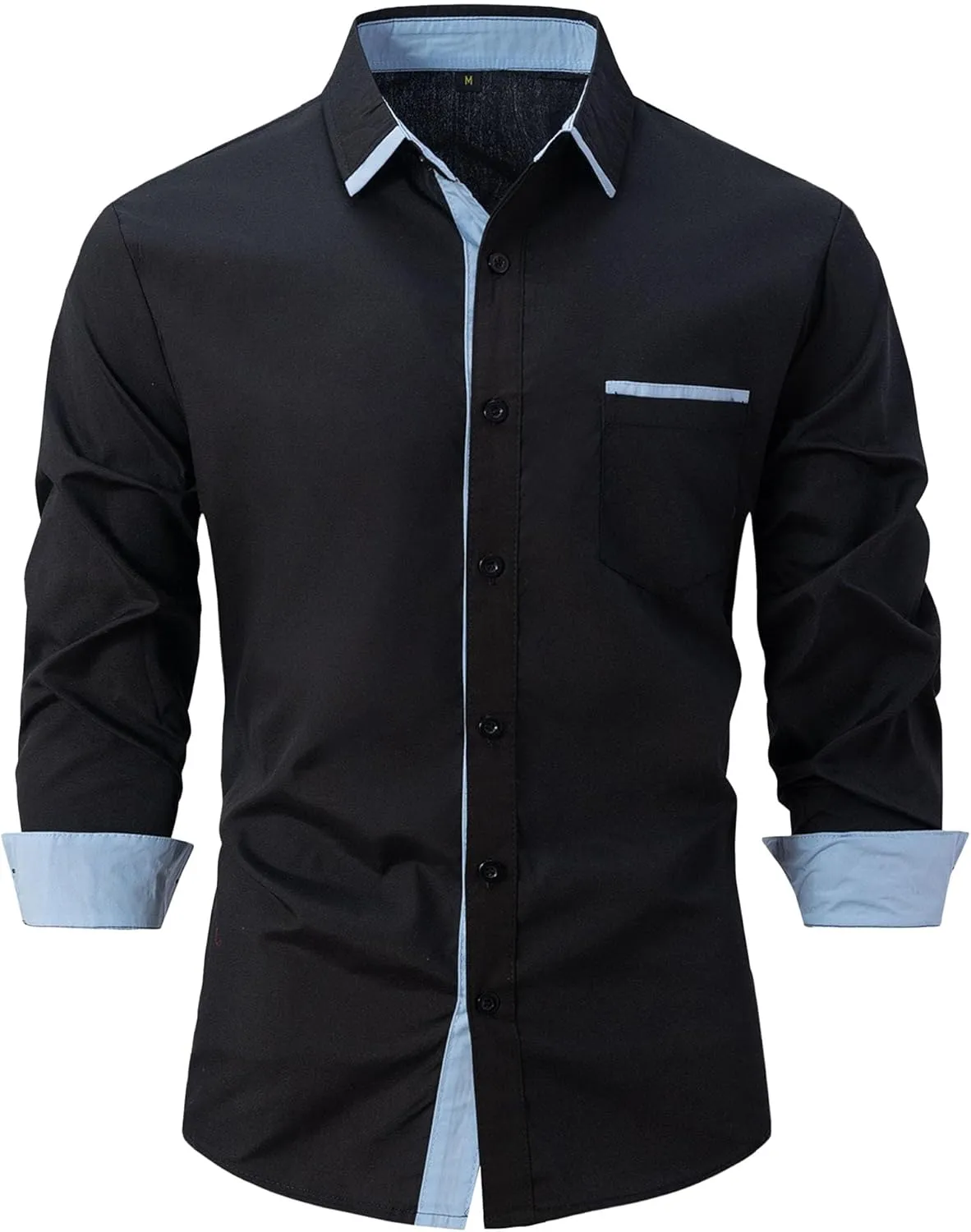 Men's Contrast Slim Long Sleeve Shirt Fit Casual Button Down Dress Shirt Collar Fashion Wrinkle-Resistant Shirt