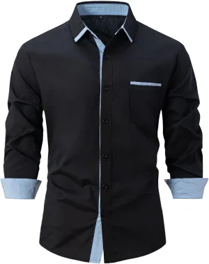 Men's Contrast Slim Long Sleeve Shirt Fit Casual Button Down Dress Shirt Collar Fashion Wrinkle-Resistant Shirt