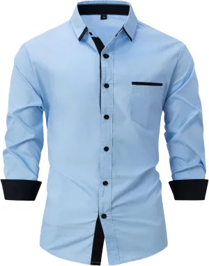Men's Contrast Slim Long Sleeve Shirt Fit Casual Button Down Dress Shirt Collar Fashion Wrinkle-Resistant Shirt