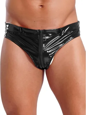 Men's Latex Booty Shorts Faux Leather Low Waist Rave Bottoms Zipper Crotch Briefs Hot Pants