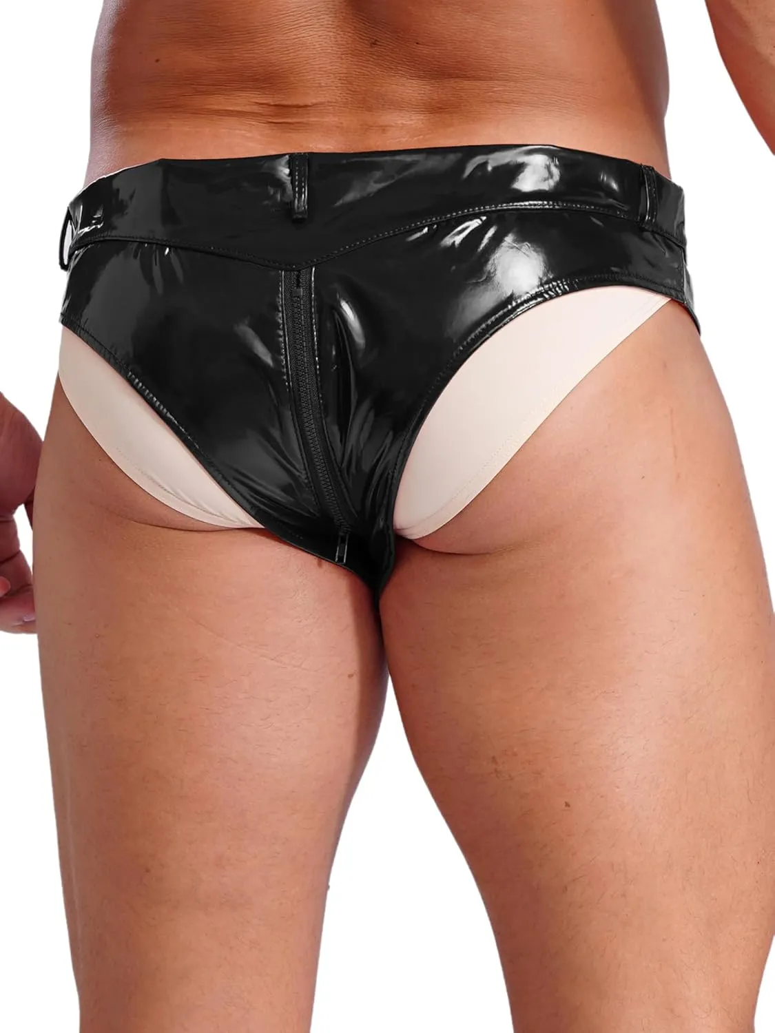 Men's Latex Booty Shorts Faux Leather Low Waist Rave Bottoms Zipper Crotch Briefs Hot Pants