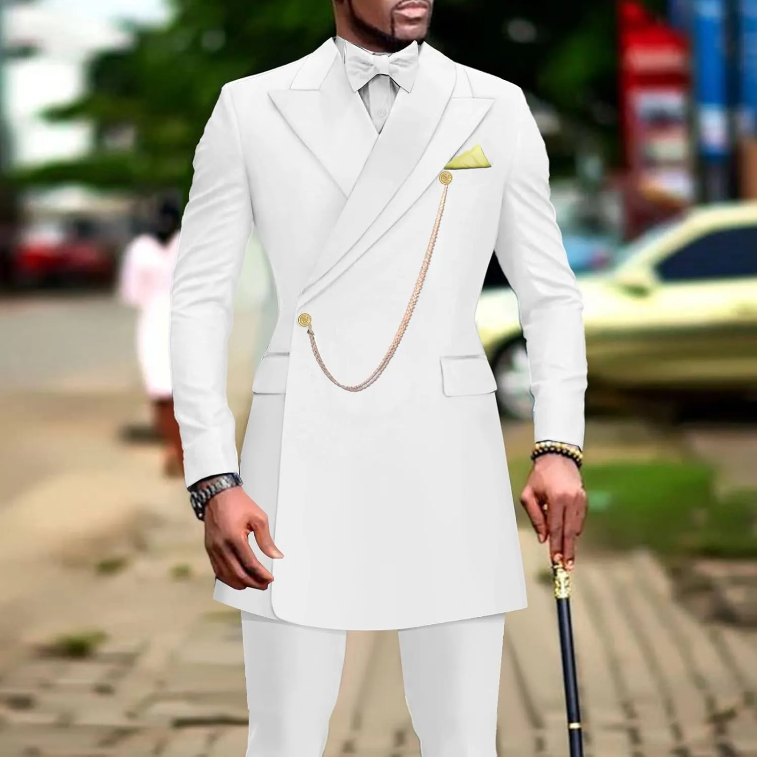 Men`s Suits Slim Fit Blazer and Pants Set Dashiki Outfits with Bow Tie Chain Kerchief African Clothes Wedding