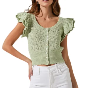 Myla Ruffle Sleeve Cardigan - Laurel Green.