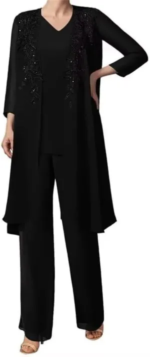 Pants Suits 3 Pieces Mother of The Bride Wedding Guest Dresses Chiffon with Jacket
