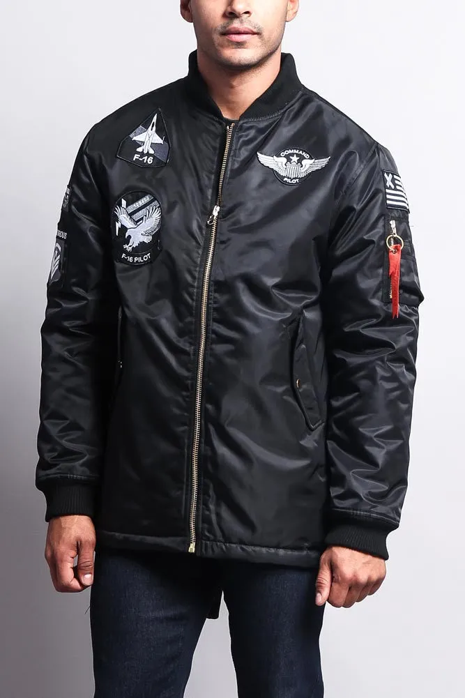 Patched Long Length MA-1 Bomber Jacket