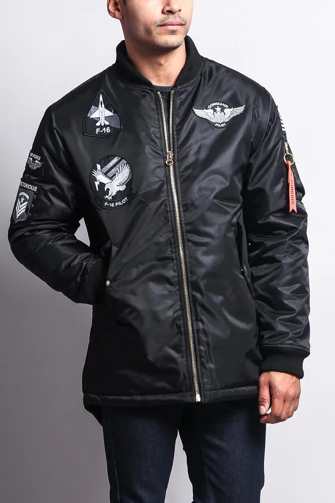 Patched Long Length MA-1 Bomber Jacket