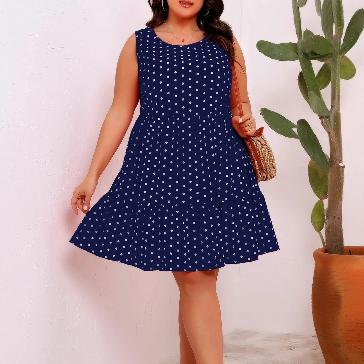 Peplum Dresses for Women Summer Sleeveless Crew Neck Mini Sundress Vintage Polka Dots Print A-Line Flowy Beach Dress