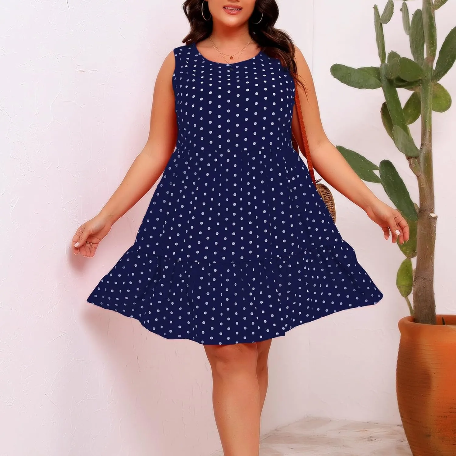 Peplum Dresses for Women Summer Sleeveless Crew Neck Mini Sundress Vintage Polka Dots Print A-Line Flowy Beach Dress