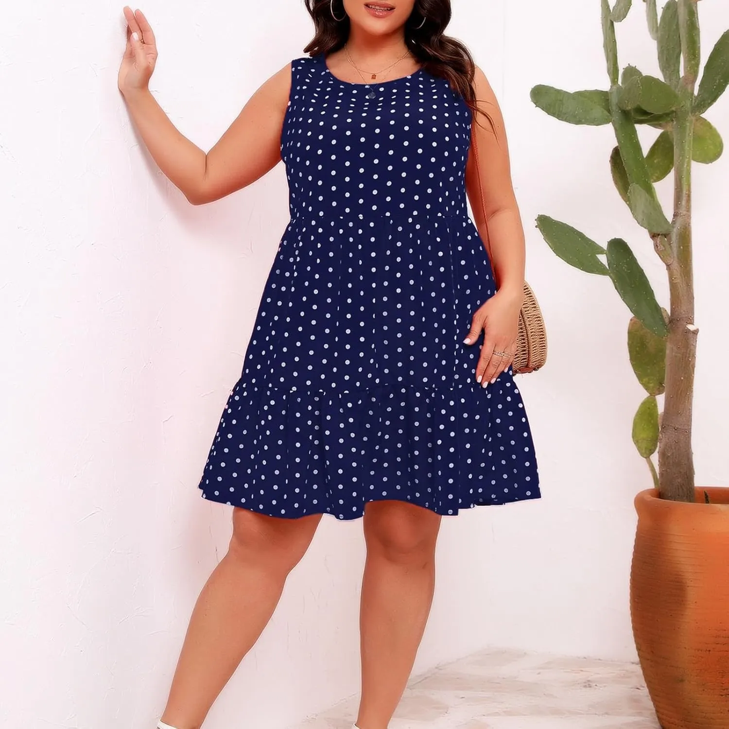 Peplum Dresses for Women Summer Sleeveless Crew Neck Mini Sundress Vintage Polka Dots Print A-Line Flowy Beach Dress