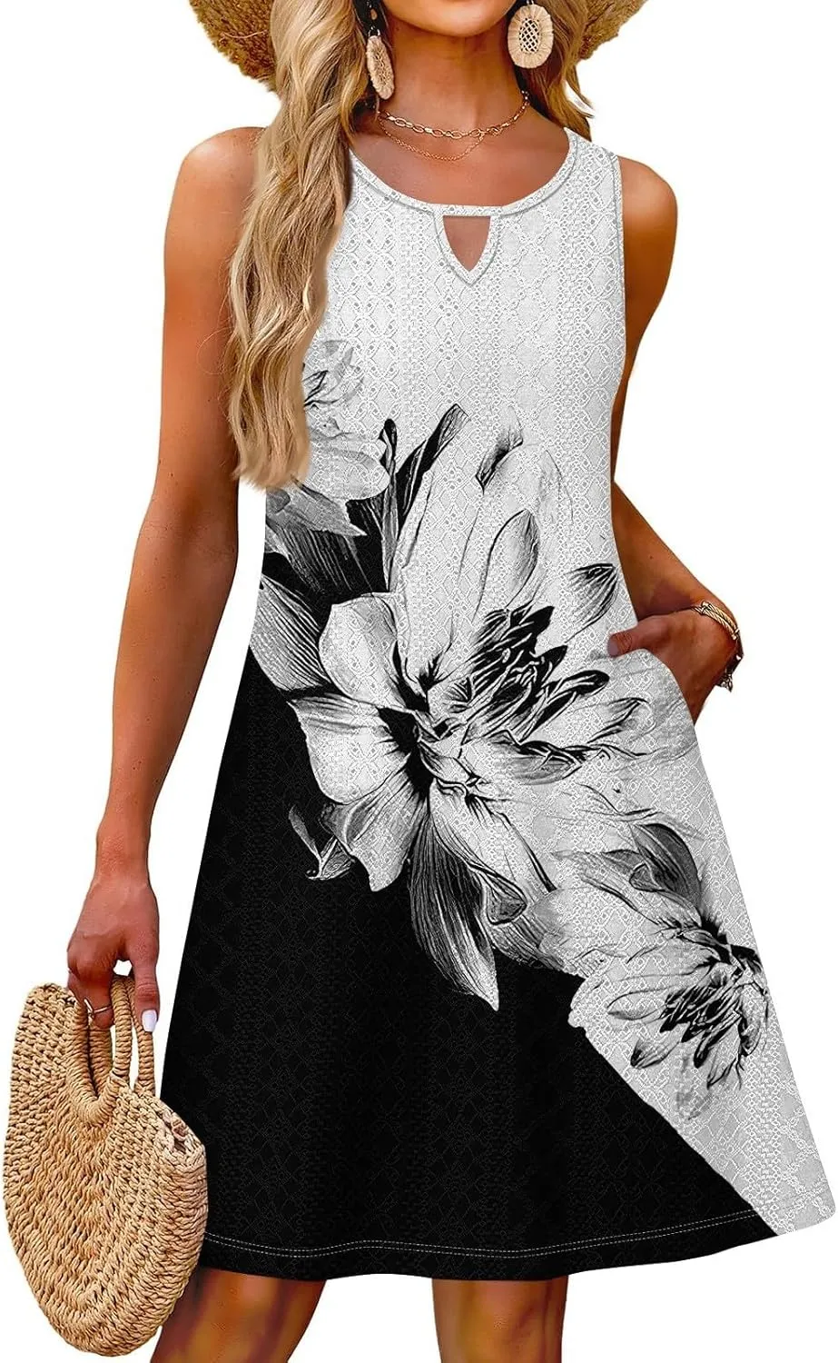 PETYCZEN Beach Dresses for Women 2025 Summer Keyhole Neck Eyelet Dress with Pockets Casual Vacation Tank Dress Beach Cover Up