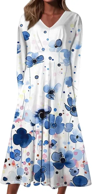 Pleated Loose Swing Midi for Women Flral Print Knee Length Plus Size Dress Crewneck Short Sleeve Wedding Guest Dress