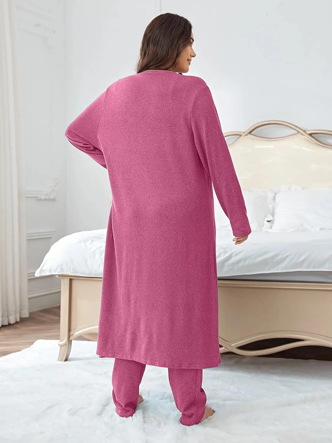 plus size 3 Piece Casual Cardigan Vest Pants Set, Women's Pajama Loungewear Set Casual Homewear Set for Fall Winter