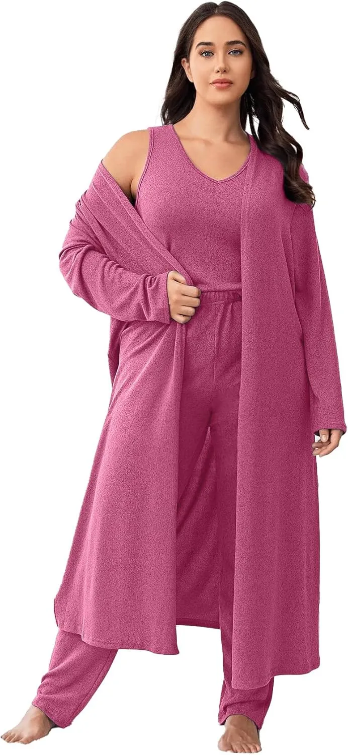 plus size 3 Piece Casual Cardigan Vest Pants Set, Women's Pajama Loungewear Set Casual Homewear Set for Fall Winter