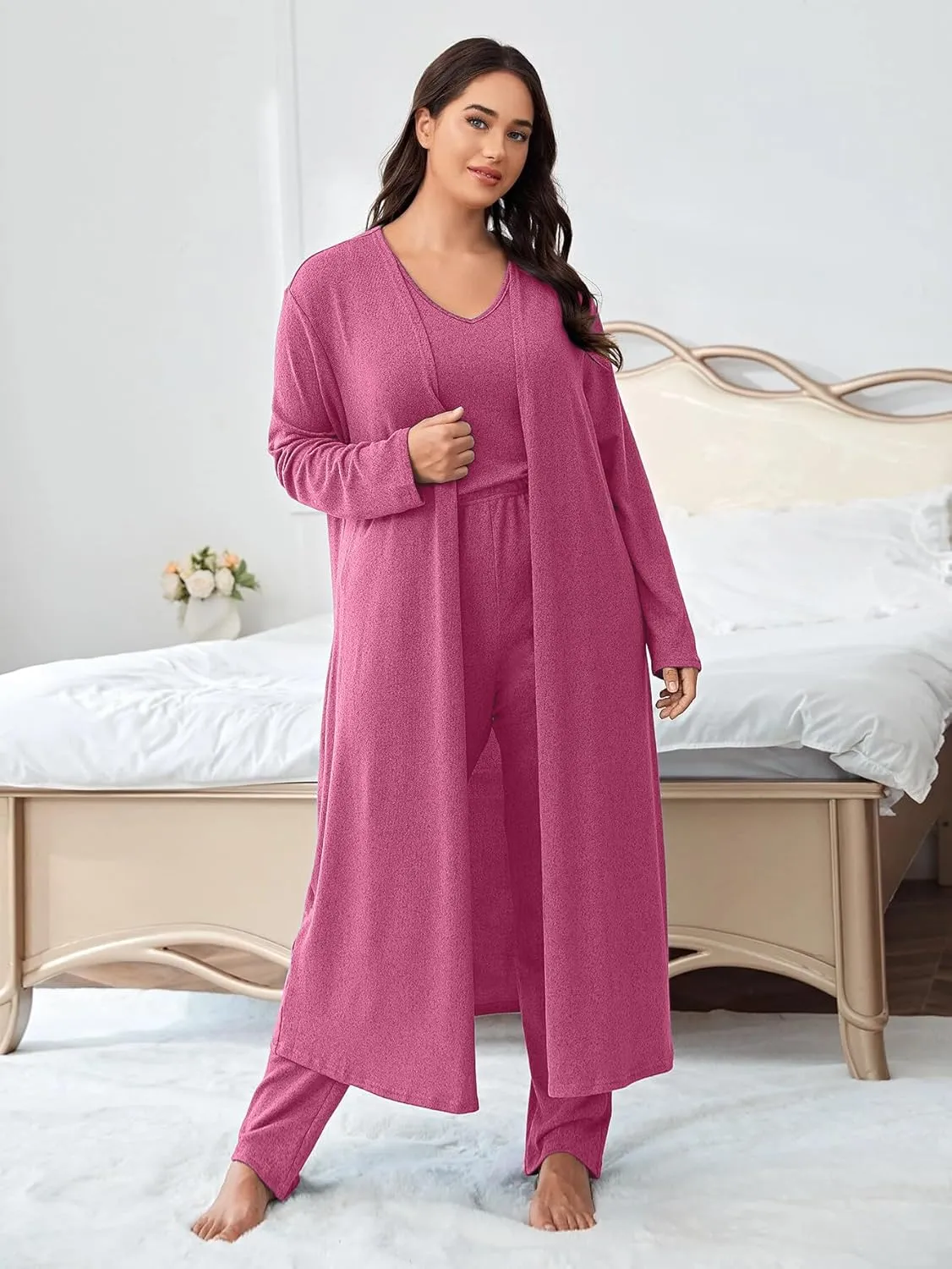 plus size 3 Piece Casual Cardigan Vest Pants Set, Women's Pajama Loungewear Set Casual Homewear Set for Fall Winter