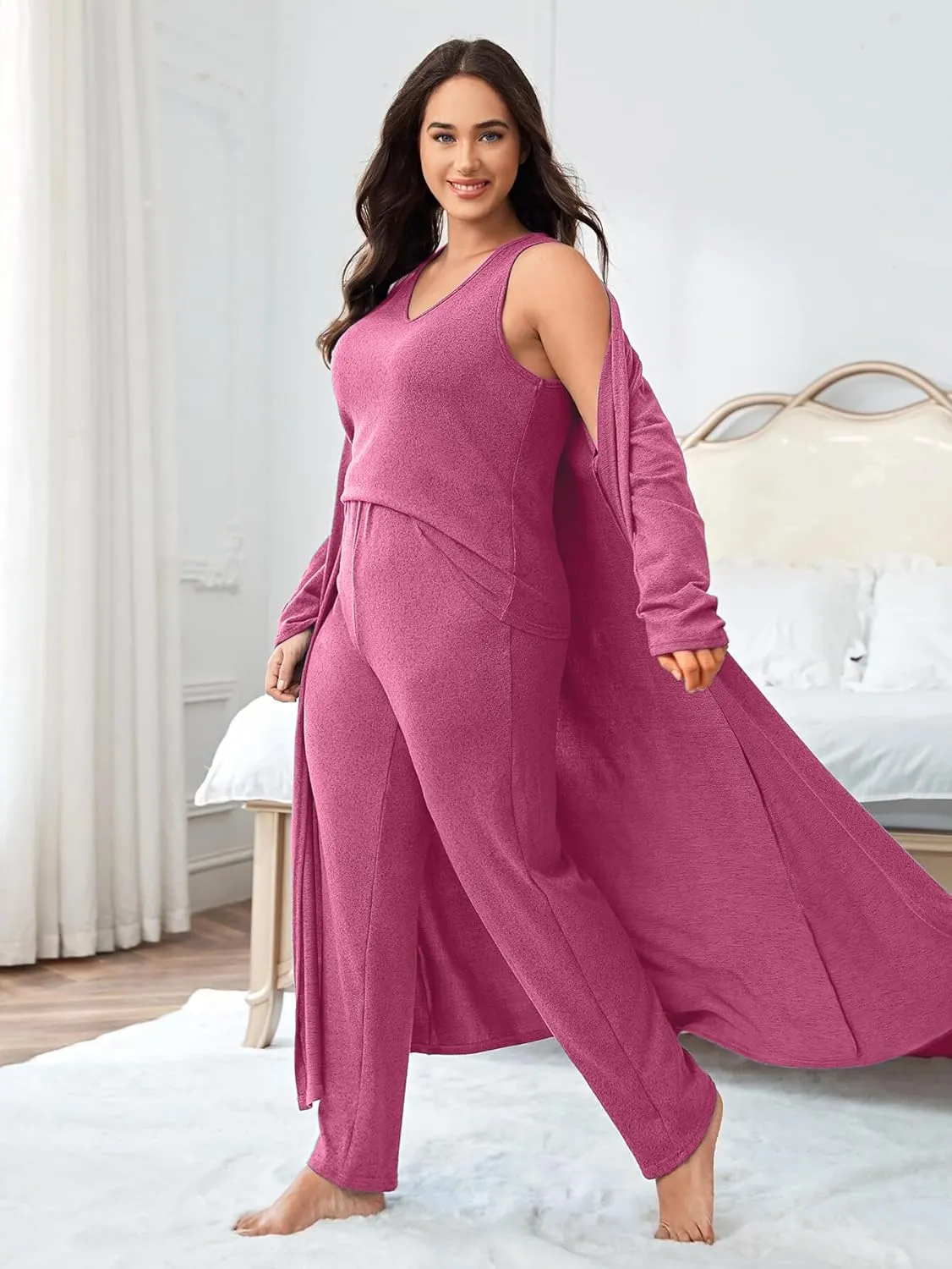 plus size 3 Piece Casual Cardigan Vest Pants Set, Women's Pajama Loungewear Set Casual Homewear Set for Fall Winter