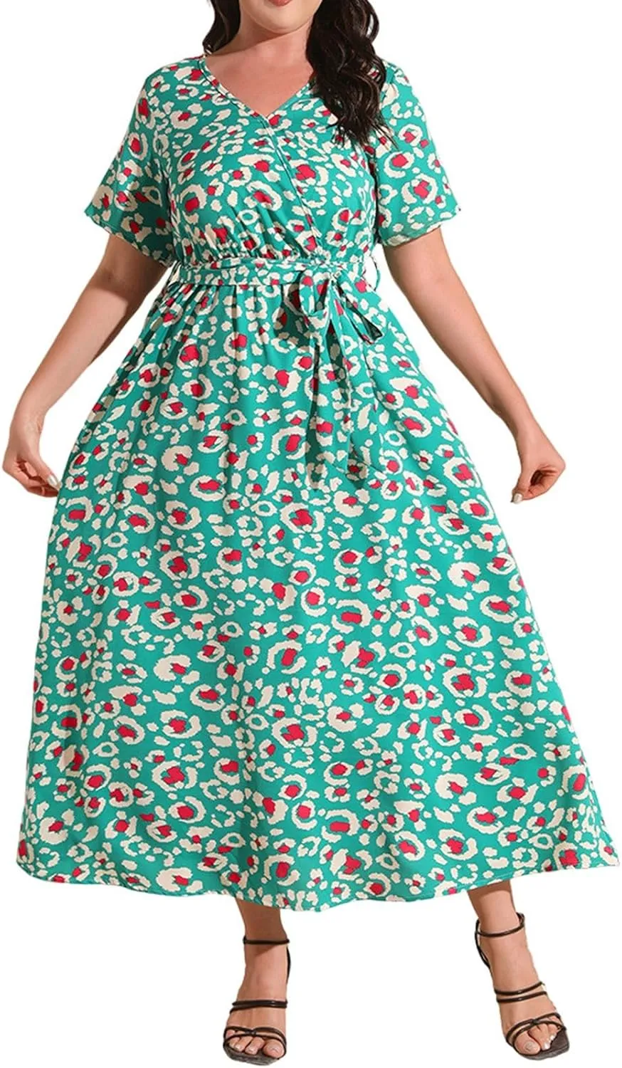 Plus Size Dress for Women High Waist V Neck Short Sleeve Midi Beach Sundress Floral Print Cocktail Party Dresses