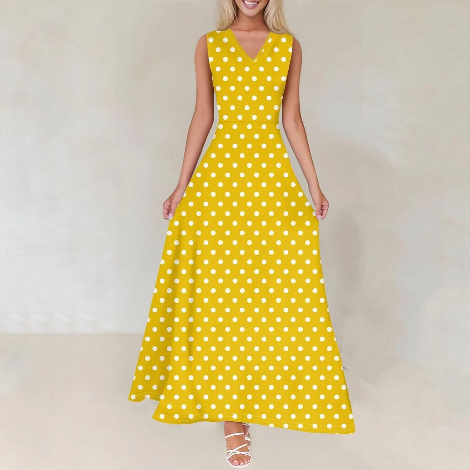 Polka Dot Dress for Women V Neck Sleeveless Aline Flowy Ruffle Long Sun Dress,S-2XL