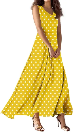 Polka Dot Dress for Women V Neck Sleeveless Aline Flowy Ruffle Long Sun Dress,S-2XL