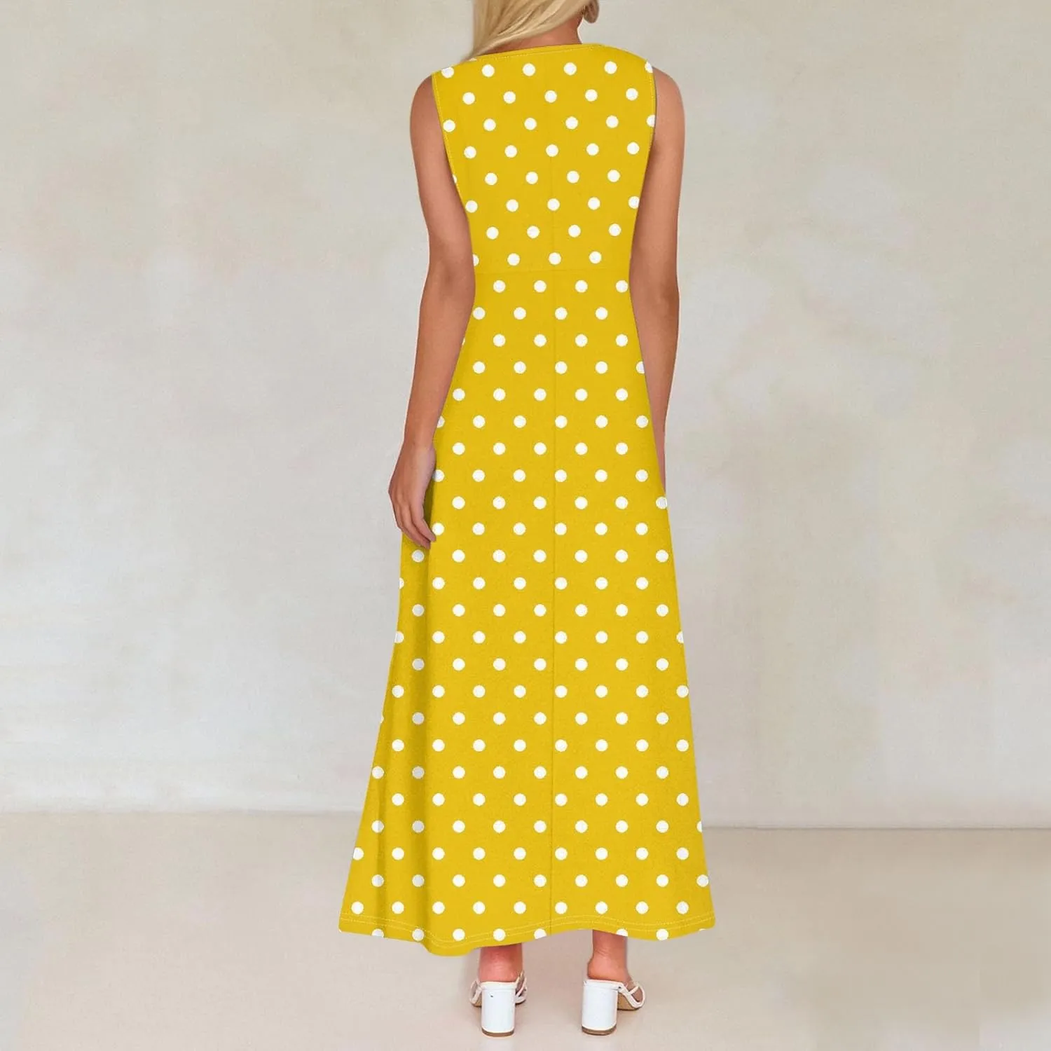 Polka Dot Dress for Women V Neck Sleeveless Aline Flowy Ruffle Long Sun Dress,S-2XL