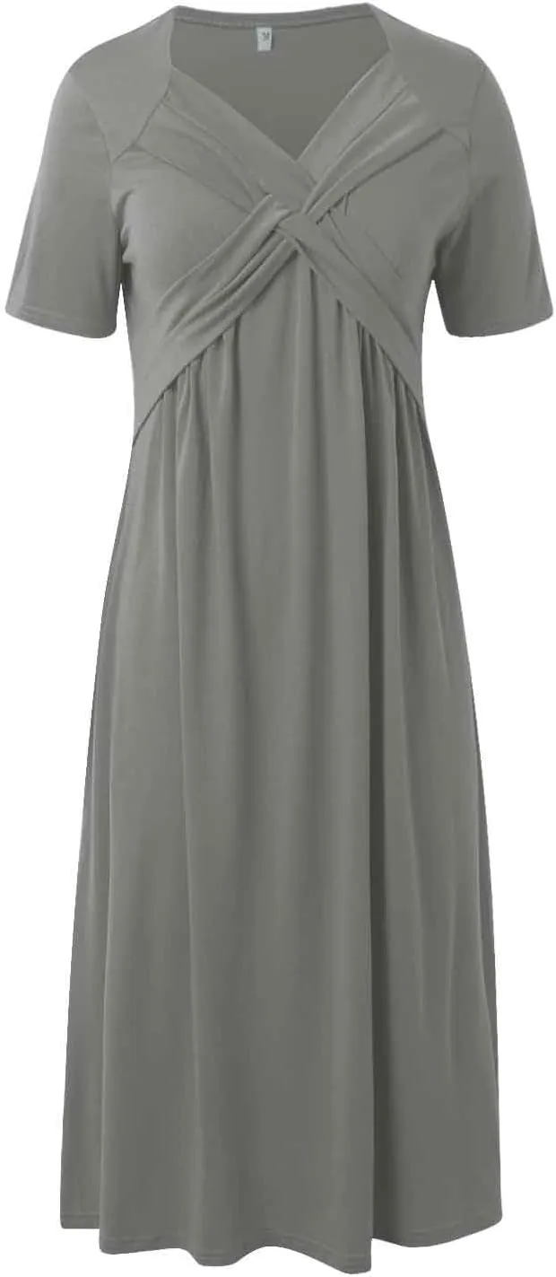 PTOLOCIF Women Fashion Solid Short Sleeve Casual Loose Long Dress with Pockets Dress for Women Beach Summer