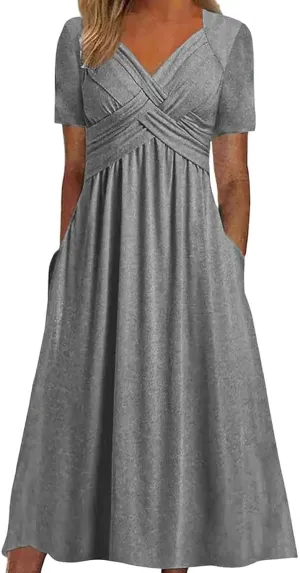 PTOLOCIF Women Fashion Solid Short Sleeve Casual Loose Long Dress with Pockets Dress for Women Beach Summer