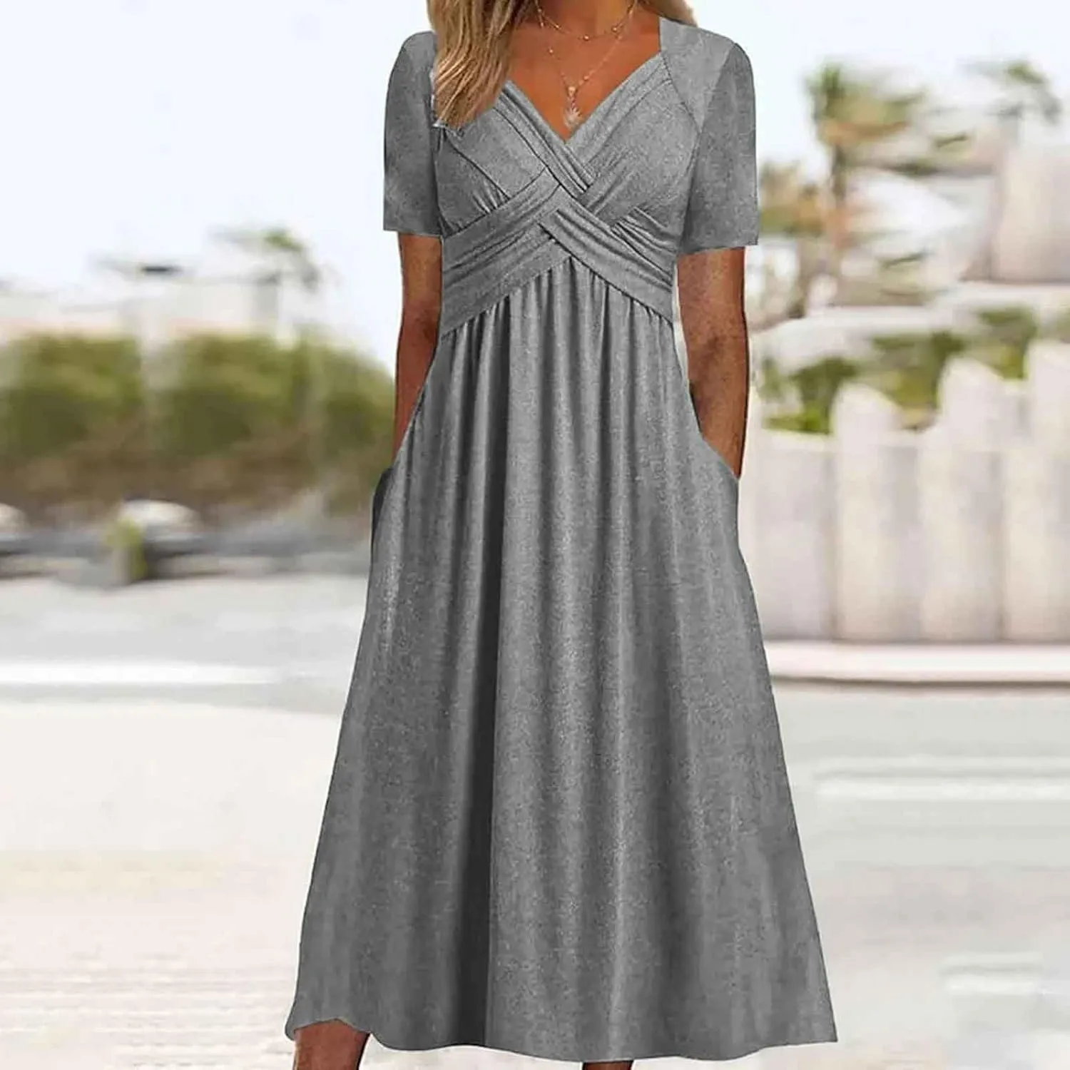 PTOLOCIF Women Fashion Solid Short Sleeve Casual Loose Long Dress with Pockets Dress for Women Beach Summer