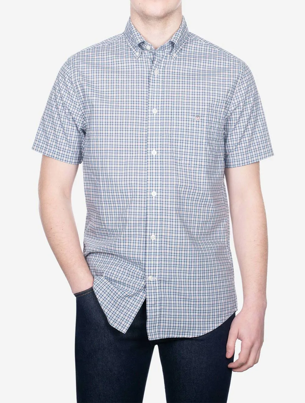 Regular Poplin Microcheck Short Sleeve Shirt Dove Blue