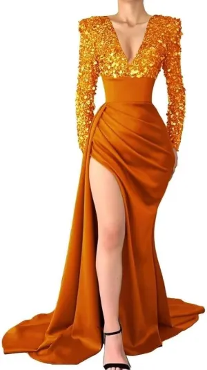 Sequin Mermaid Prom Dresses for Women 2025 Long Sleeve V Neck Satin Formal Evening Party Gowns with Slit