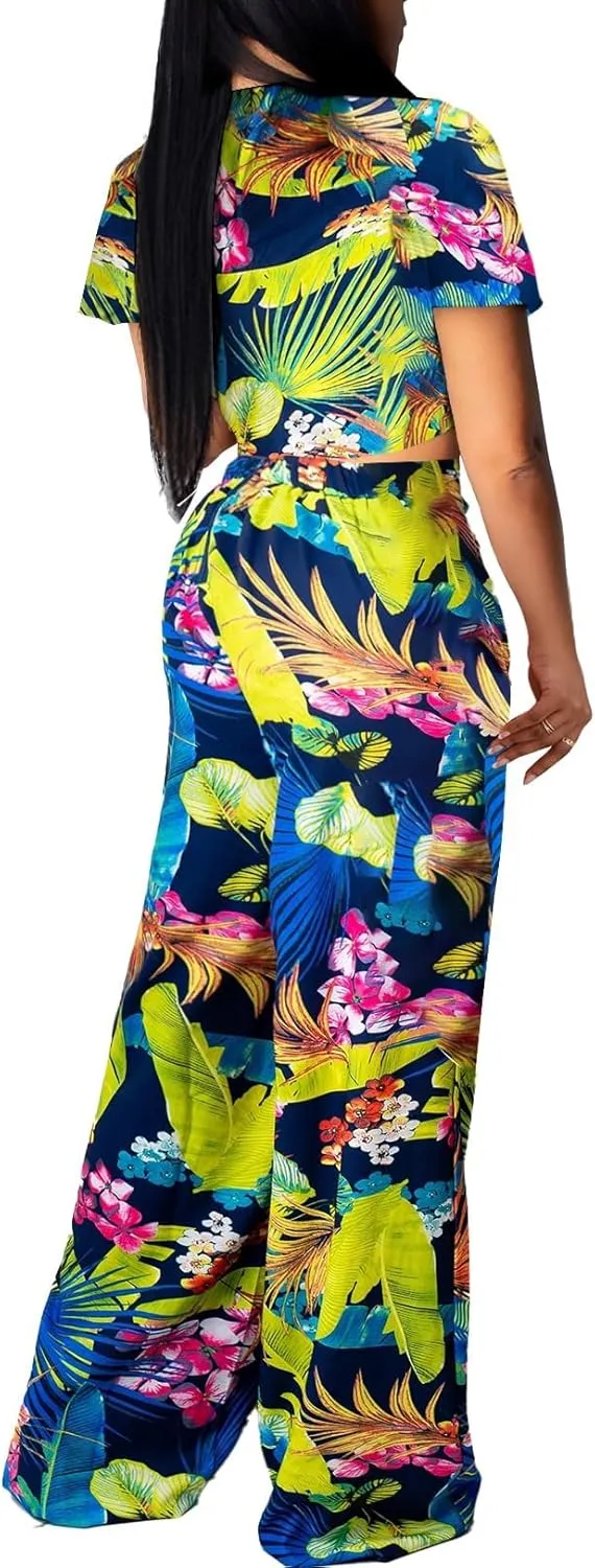 sexycherry Two Piece Outfits for Women Beach Bandage Crop Top Long Straight Pants Vacation Swimwear Cover Ups Sets