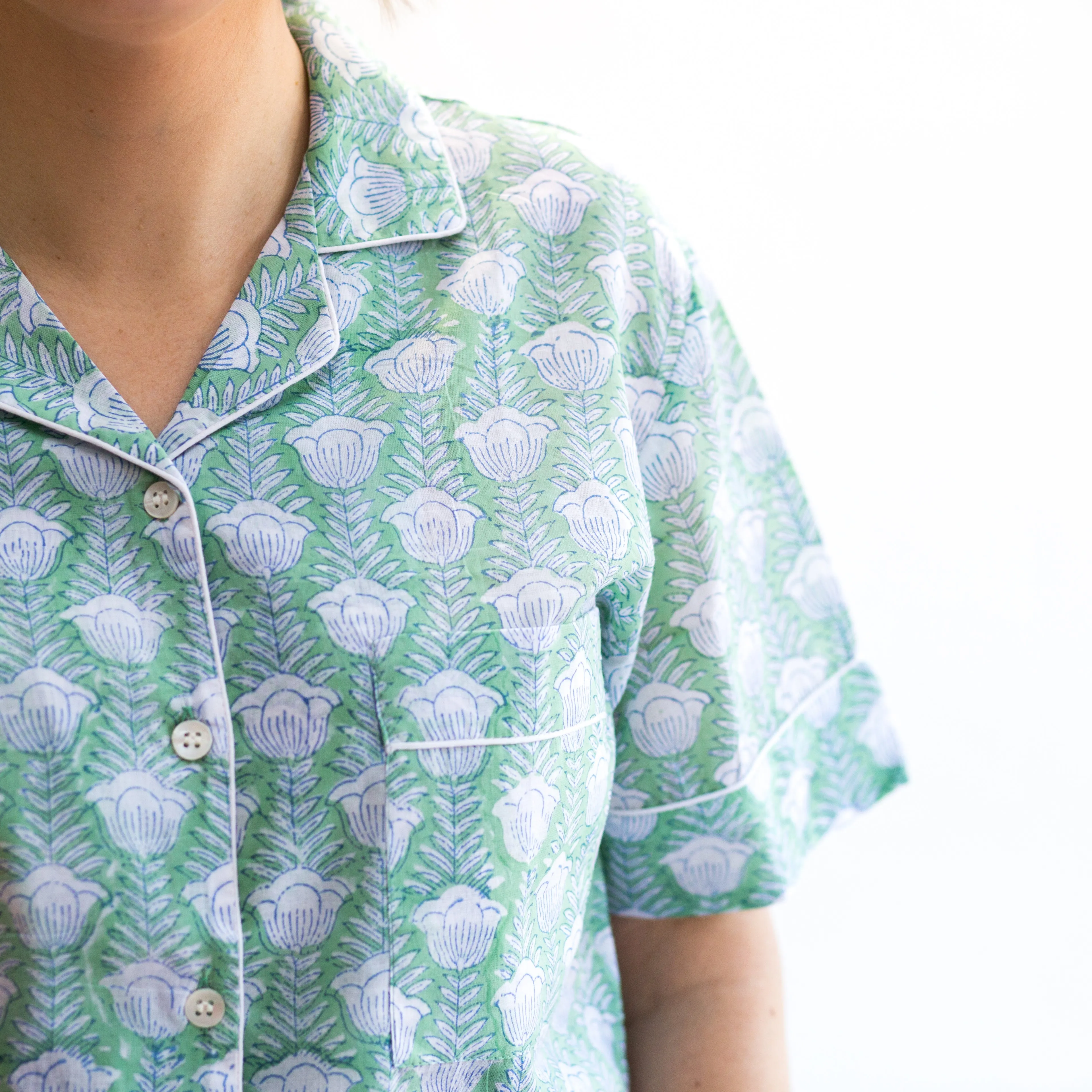 Short PJ Set -  Soft Green & White