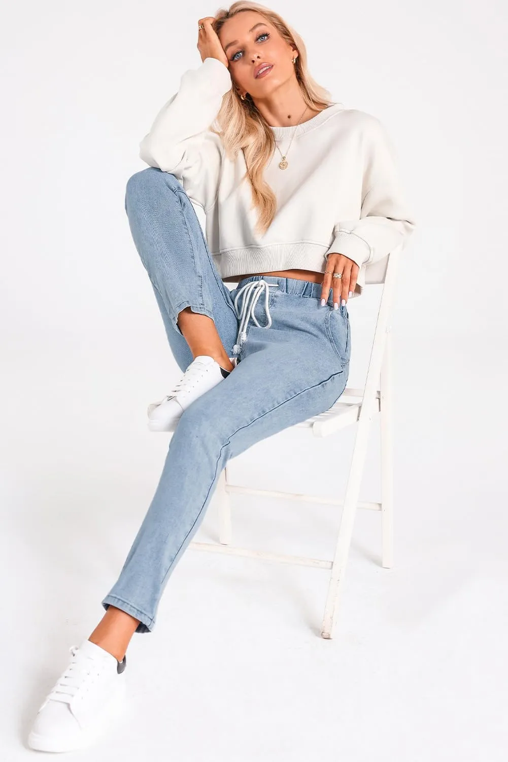 Sidefeel Women's Denim Stretch Joggers Drawstring Elastic Waist Pull On Jeans with Side Pocket