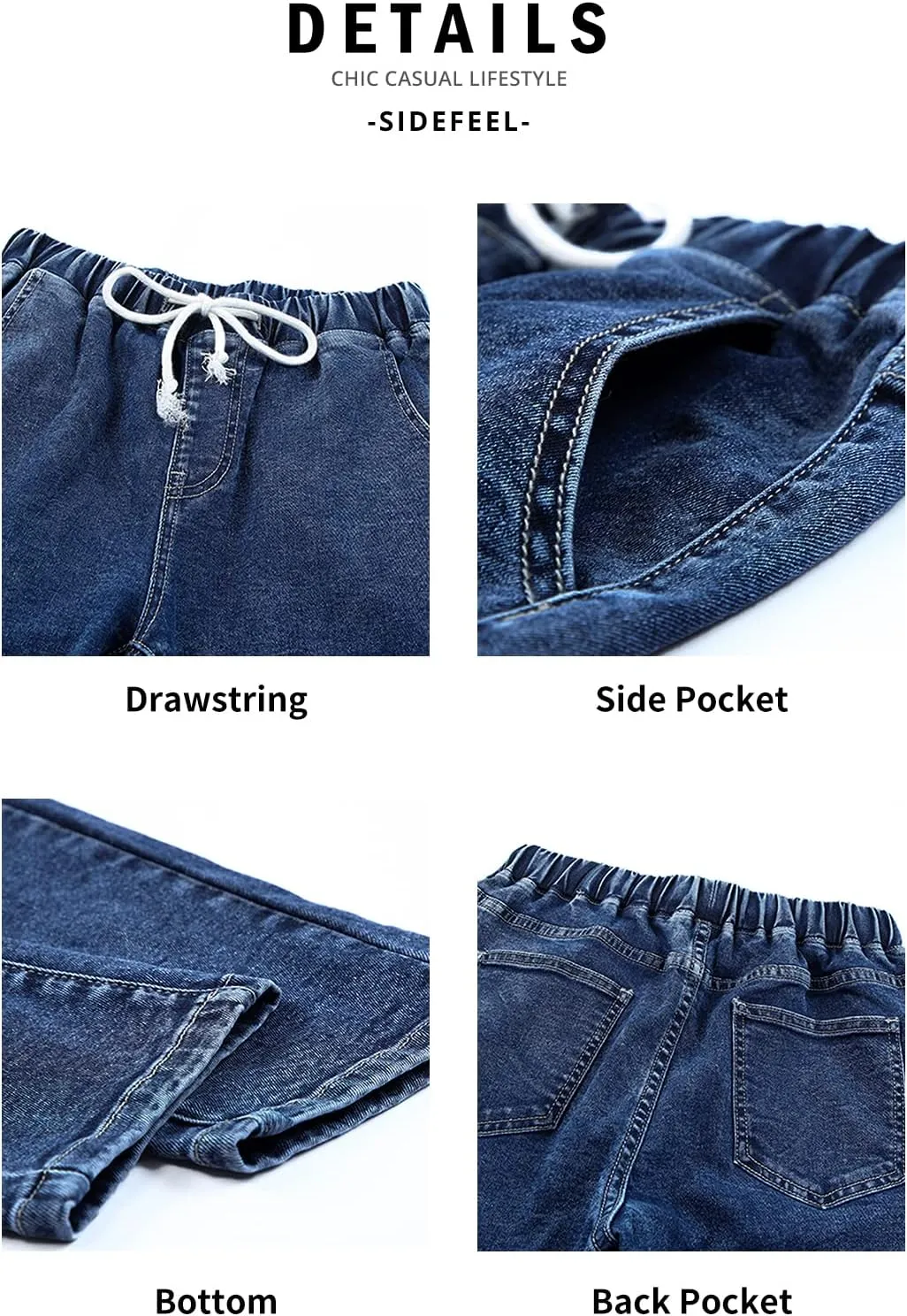 Sidefeel Women's Denim Stretch Joggers Drawstring Elastic Waist Pull On Jeans with Side Pocket