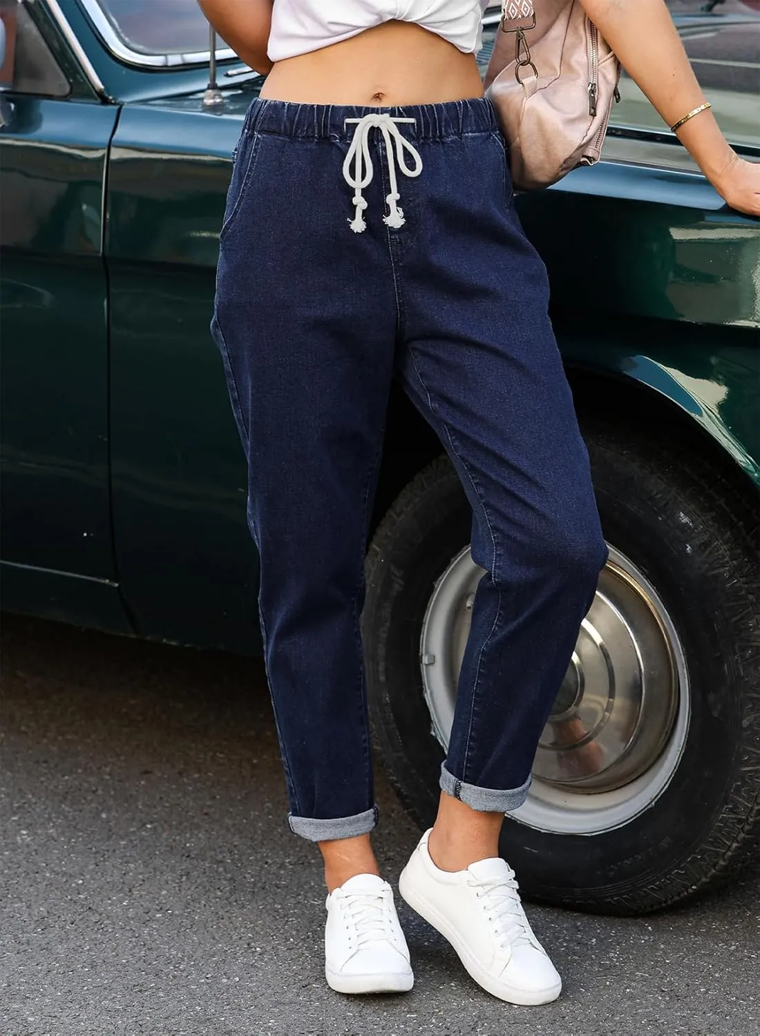 Sidefeel Women's Denim Stretch Joggers Drawstring Elastic Waist Pull On Jeans with Side Pocket