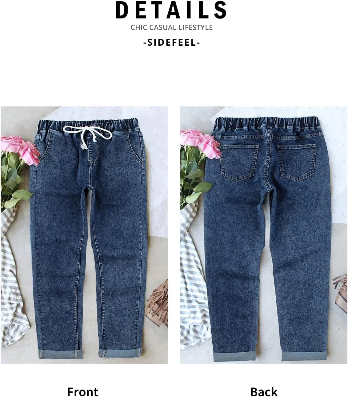 Sidefeel Women's Denim Stretch Joggers Drawstring Elastic Waist Pull On Jeans with Side Pocket